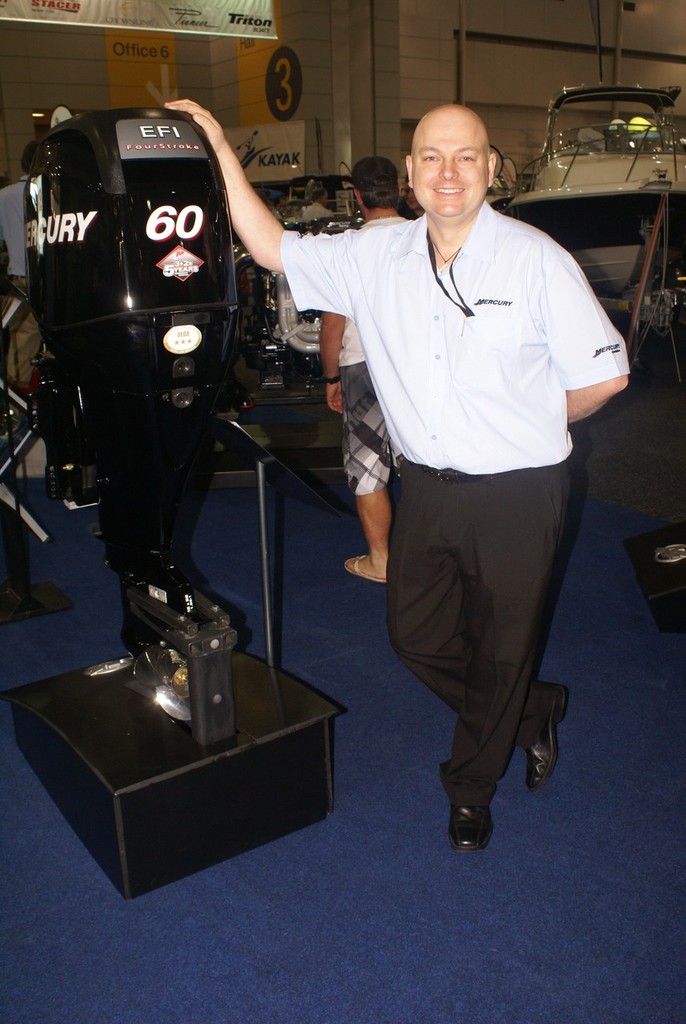 Mercury Marine’s Anthony Brown confirmed the sale of three outboard engines within minutes of the opening day at the Brisbane Boat Show.  © Bob Wonders